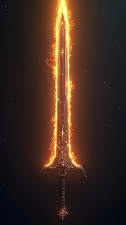 A vertical image of a fantasy sword engulfed in flames against a black background.