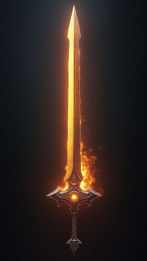 A vertical fantasy sword with a bright orange flaming blade and an ornate dark metal hilt set against a black background.