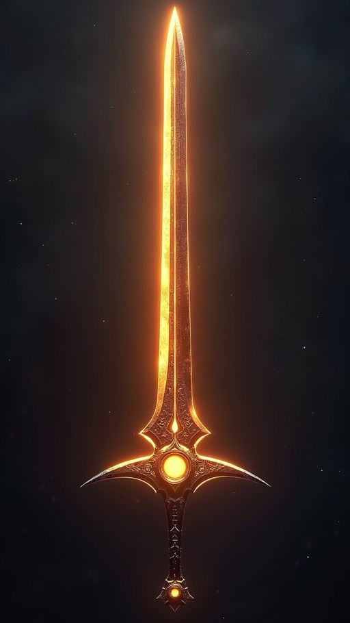 A vertical digital illustration of a radiant fantasy sword glowing intensely with golden light against a dark background. The blade features intricate engravings and a bright central ridge, while the ornate crossguard holds a luminous orb surrounded by floating particles.
