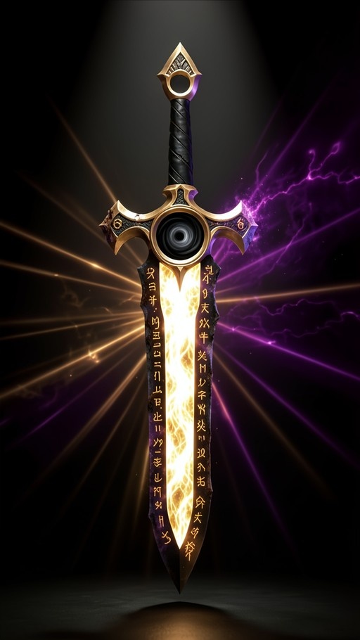 A vertical image of a large, ornate sword floating in a dark space. The blade glows brightly from the center with yellow light, while the edges are black with gold runes. The hilt is gold and black with a circular detail. Golden light beams radiate from the left and purple lightning appears on the r