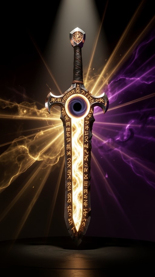 A vertical digital illustration of a legendary fantasy sword with a glowing blade and golden runes. The pommel displays a triangular symbol, set against a dark background with radiating gold light rays and purple energy effects.