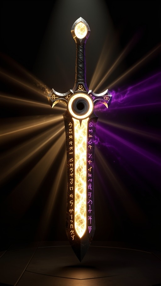 A vertical digital illustration of a glowing fantasy sword with golden and purple runes against a dark background with radiating light beams.
