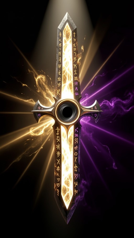 A vertical fantasy sword with a glowing golden center and inscribed runes, set against a black background with radiating light beams.