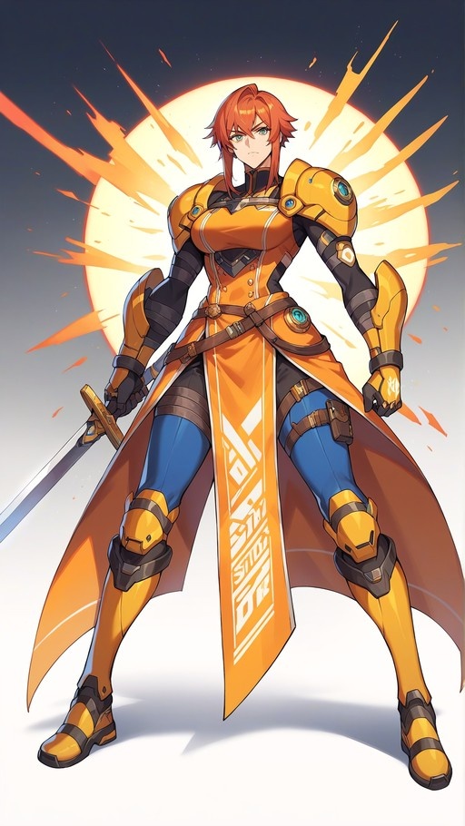 Anime girl with orange hair and green eyes wearing orange and blue armor holding a sword in front of a bright sun.