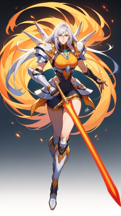 Mythra from Xenoblade Chronicles 2 holding a glowing sword with a large orange aura.
