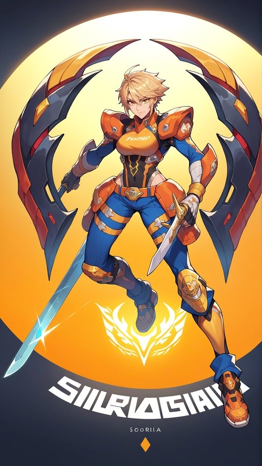 An anime-style illustration of a blonde female warrior named Sooreia wearing orange and blue armor, holding a large glowing sword and a dagger with large curved blades on her back.