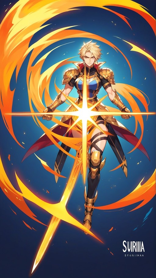 Full-body illustration of a blonde woman in golden armor holding a large glowing sword horizontally, surrounded by swirling orange fire against a blue background.