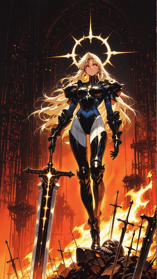 Blonde anime warrior woman with a glowing spiked halo stands in black and white armor holding a large sword amidst fire and skulls.