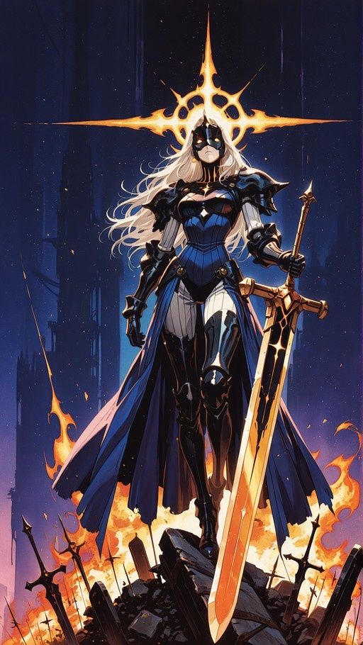 A full-body illustration of a masked female knight in blue armor holding a large golden sword, standing on rubble with fire and other swords around her, featuring a glowing golden halo above her head.