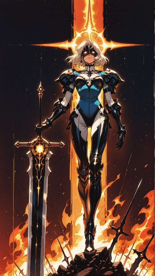 A full-body digital illustration of a white-haired female knight in blue and black armor standing with a large sword planted in the ground, illuminated by a massive glowing orange cross behind her amidst flames.