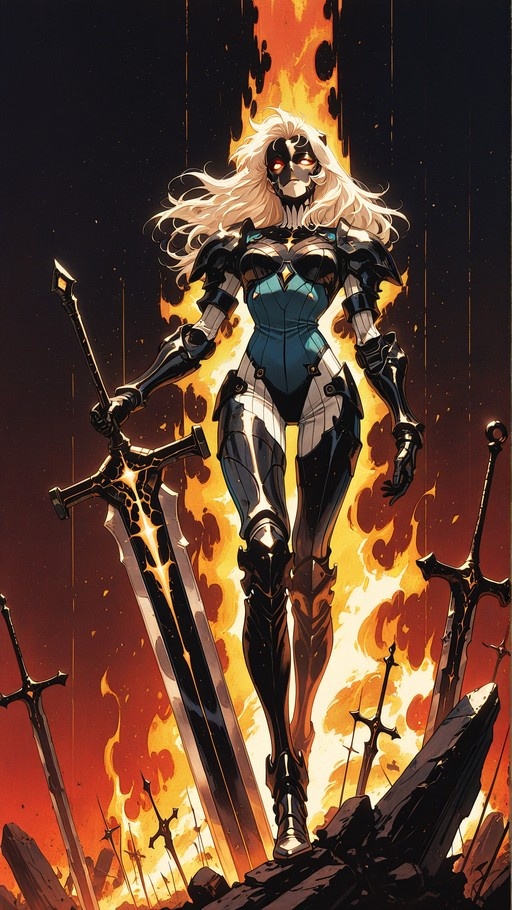 A full-body illustration of a masked female knight with long white hair and glowing red eyes. She wears black armor over a blue bodysuit and holds a large sword in front of her, standing amidst rising flames and other planted swords on rocky ground.