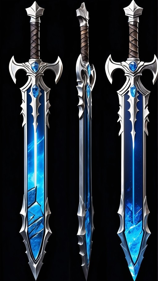 Three views of a fantasy greatsword with a glowing blue crystal blade and silver hilt against a black background.