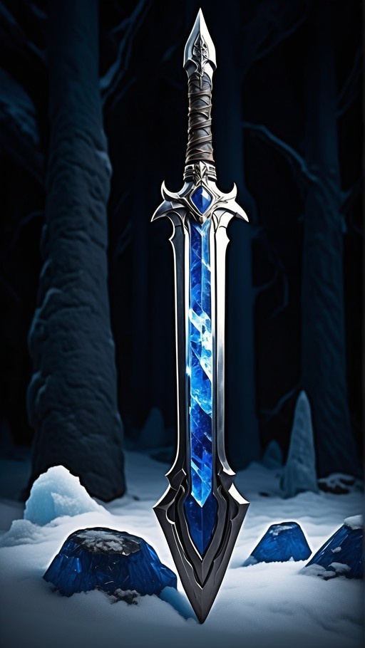 A vertical shot of a large fantasy sword with a glowing blue translucent blade standing upright in the snow. The sword has an ornate silver hilt with a blue gem and is surrounded by dark trees and blue crystals.