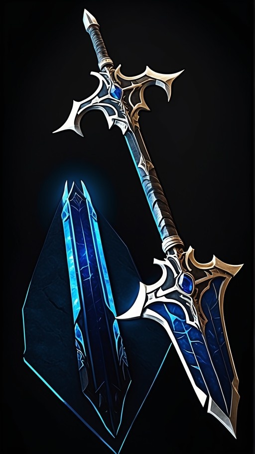 A large ornate fantasy sword with blue gems and a glowing blue crystal shard on a black background.