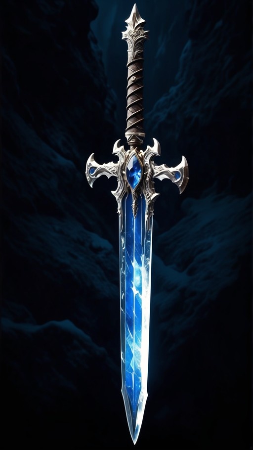 A vertical illustration of a glowing blue crystal sword with an intricate silver handle and blue gems against a dark background.