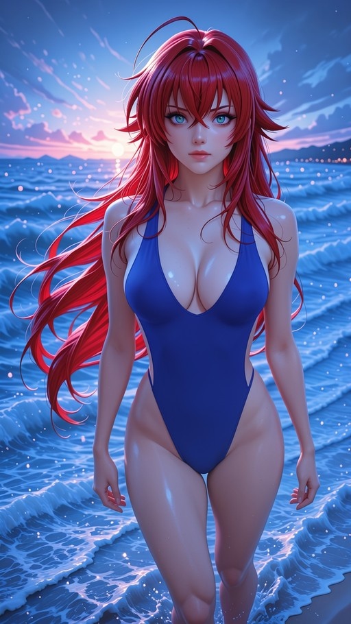Rias Gremory with long red hair and an ahoge stands in the ocean wearing a blue high-leg one-piece swimsuit against a sunset background.