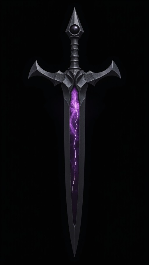 A vertical shot of a dark grey fantasy sword with a bat-shaped crossguard and a central groove emitting bright purple lightning against a black background.