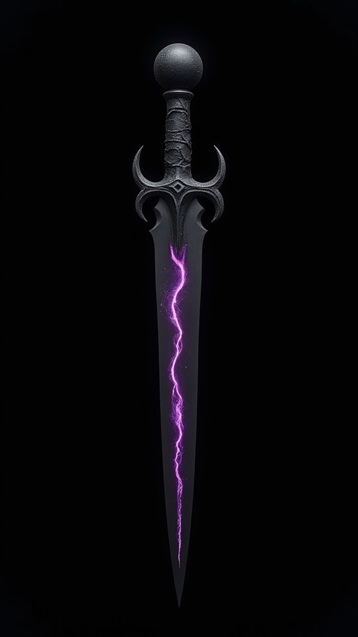 A vertical digital illustration of a dark fantasy dagger with an ornate crossguard and wrapped hilt, featuring a bright purple lightning bolt running down the center of its blade against a solid black background.