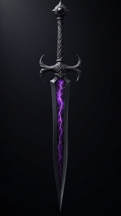 A vertical digital illustration of an ornate dark fantasy sword featuring a central blade channel filled with crackling purple electricity against a black background.