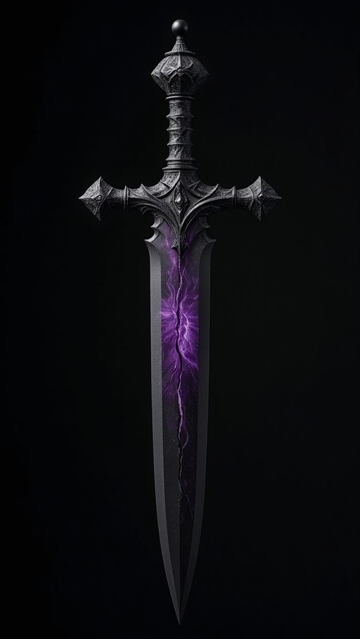 A dark fantasy sword with a cracked blade emitting purple light stands against a black background.