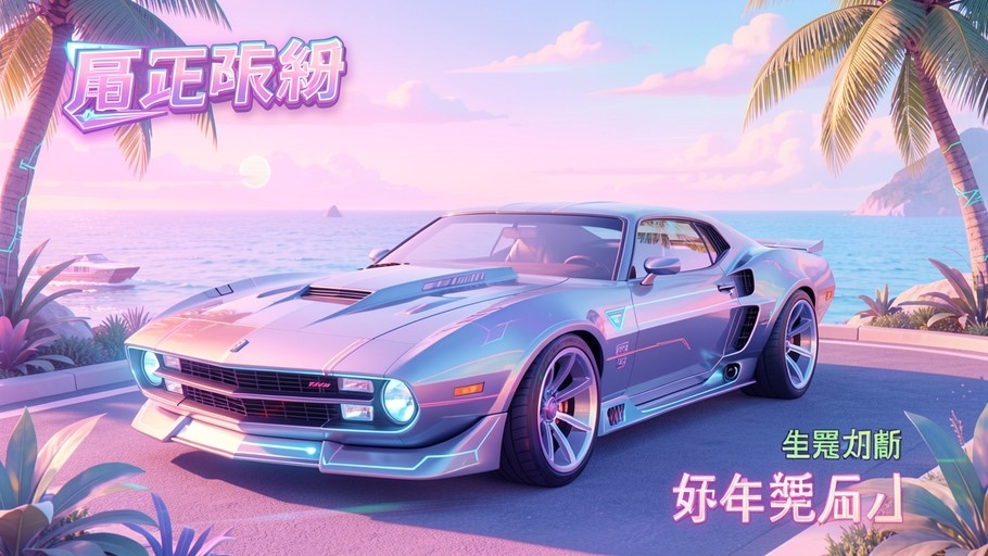 A silver retro-futuristic muscle car with glowing blue accents parked on a coastal road with palm trees and Chinese characters in the background.