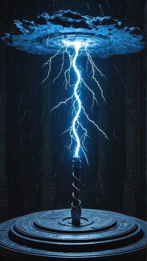 A vertical digital painting of a twisted dark spear standing on a round pedestal, struck by bright blue lightning from a floating storm cloud above it in a dark hall.