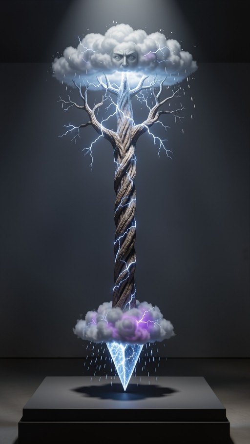 A surreal sculpture of a twisted tree trunk topped by an angry storm cloud and ending in a glowing blue crystal point, displayed on a pedestal.