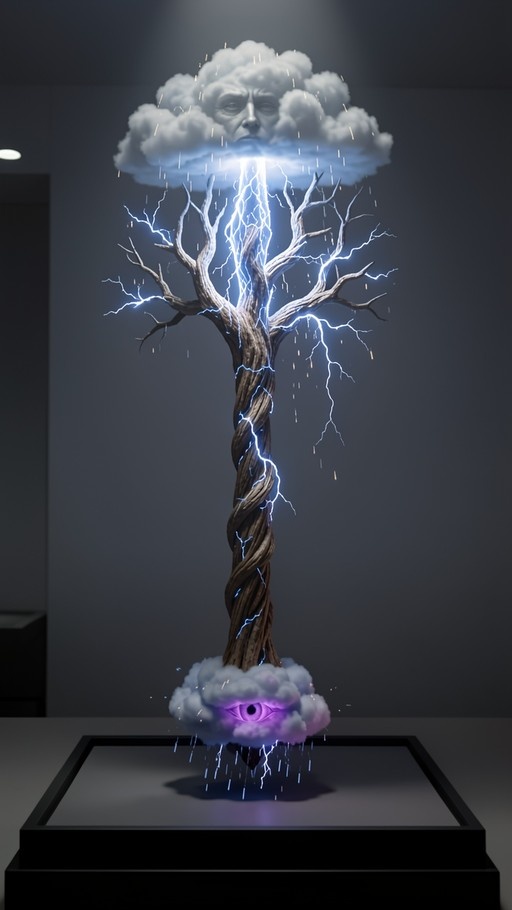 A twisted tree on a pedestal with lightning connecting a cloud face above to a purple eye below.