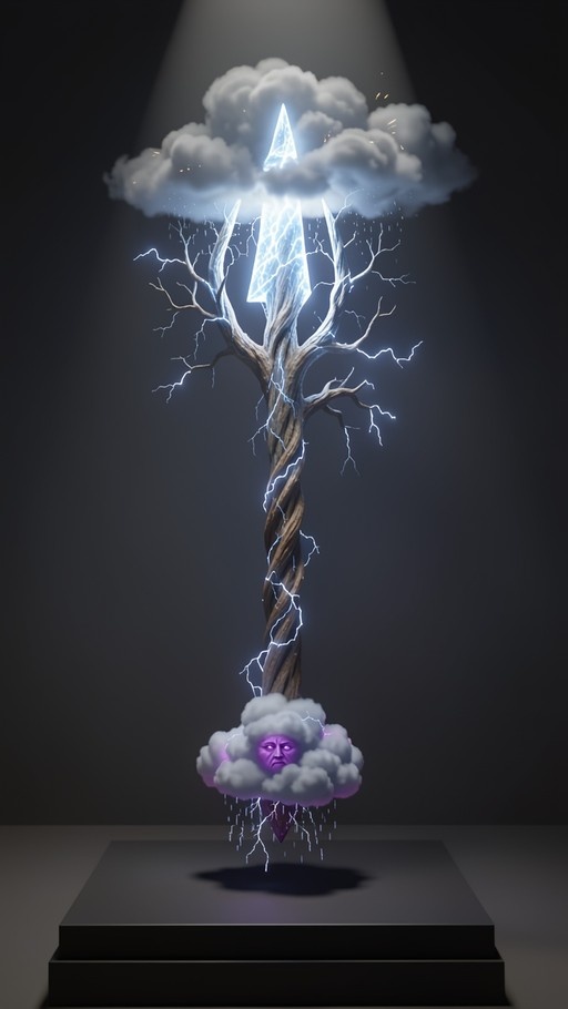 A vertical sculpture of a twisted tree struck by lightning, connecting a top cloud with a glowing lightning bolt to a bottom purple cloud with a face, displayed on a pedestal.