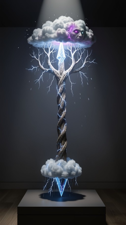 A surreal sculpture of a twisted tree trunk rising from a cloud base to a top cloud containing a face with glowing purple eyes, illuminated by blue lightning and a central crystal.