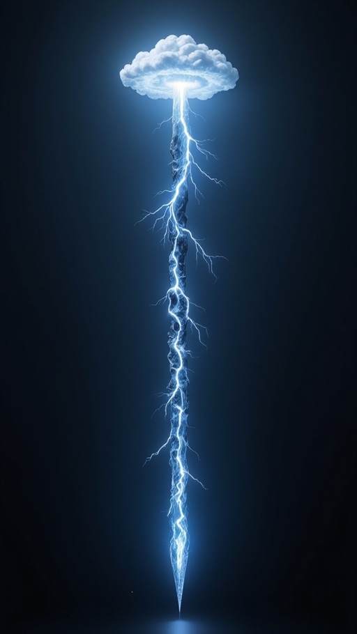 A vertical image of a glowing blue lightning spear topped with a white cloud against a dark background.