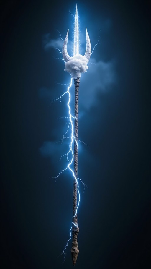 A magical spear with a three-pronged head and cloud base crackling with bright blue lightning against a dark background.