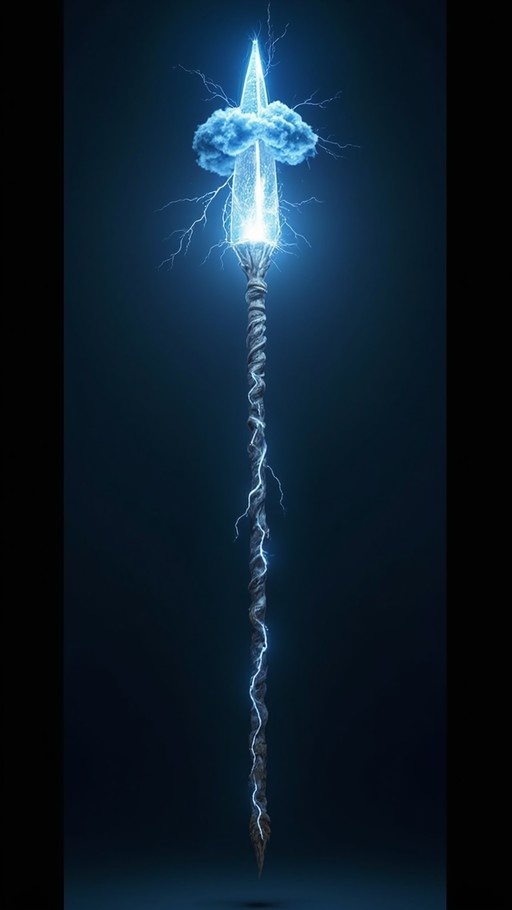 A vertical digital illustration of a magical spear featuring a twisted wooden shaft, a glowing crystal tip, a small hovering cloud, and crackling lightning bolts against a dark blue background.