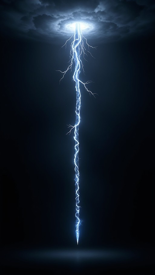 A vertical image showing a bright blue, electrified spear falling from dark clouds into the darkness below.
