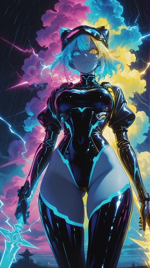 An anime-style illustration of a female character with cat ears and heterochromia (one blue eye, one yellow eye) wearing a shiny black bodysuit and holding a glowing blue sword and a yellow spear against a stormy sky.