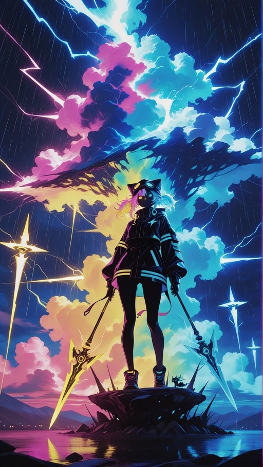 Anime girl with cat ears holding two glowing spears in a lightning storm.