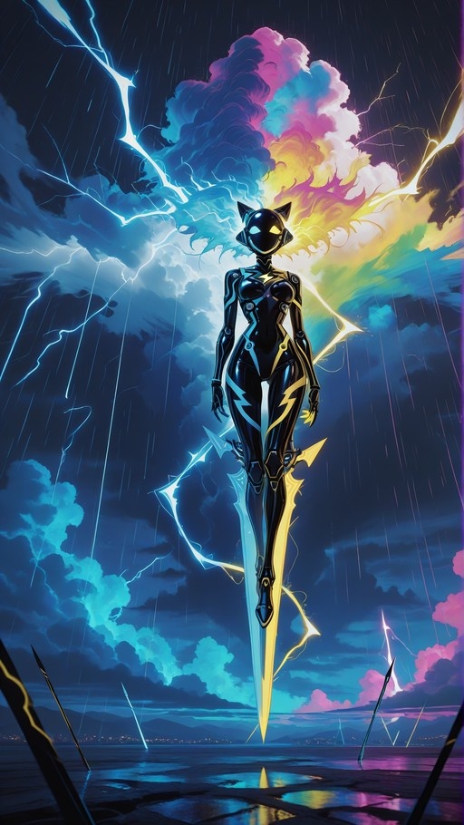 A cat-eared female superhero in a black suit stands on a large blue and yellow sword plunged into water during a stormy night with colorful lightning.