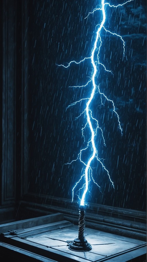 A glowing blue lightning bolt erupts from a twisted shaft on a dark pedestal while rain falls in the background.