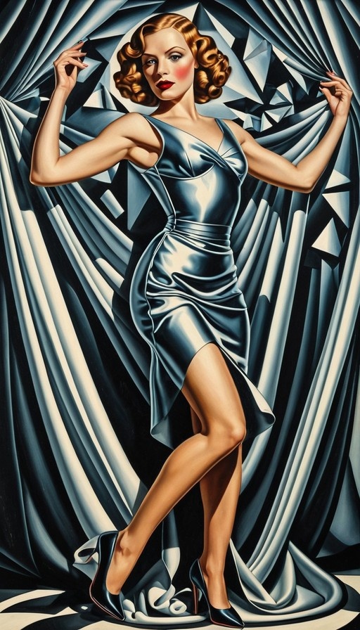 A stylized illustration of a glamorous woman with vintage curly hair wearing a shimmering blue dress and black heels, pulling back heavy drapes to reveal herself.
