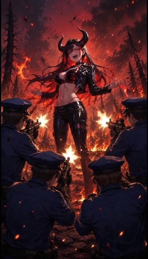 A horned demon woman with long dark hair and glowing red eyes stands in a burning forest, gesturing with open arms while police officers aim guns at her from the foreground.