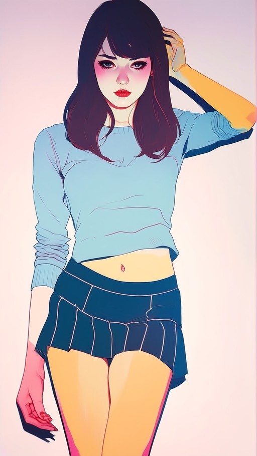Digital illustration of an anime-style woman with long black hair wearing a light blue cropped sweater and a dark blue pleated skirt.