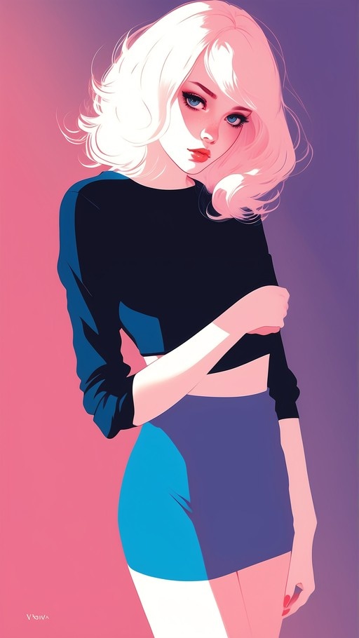 A digital illustration of a young woman with short white-blonde hair and blue eyes, wearing a black long-sleeved top and a blue skirt against a pink and purple gradient background.