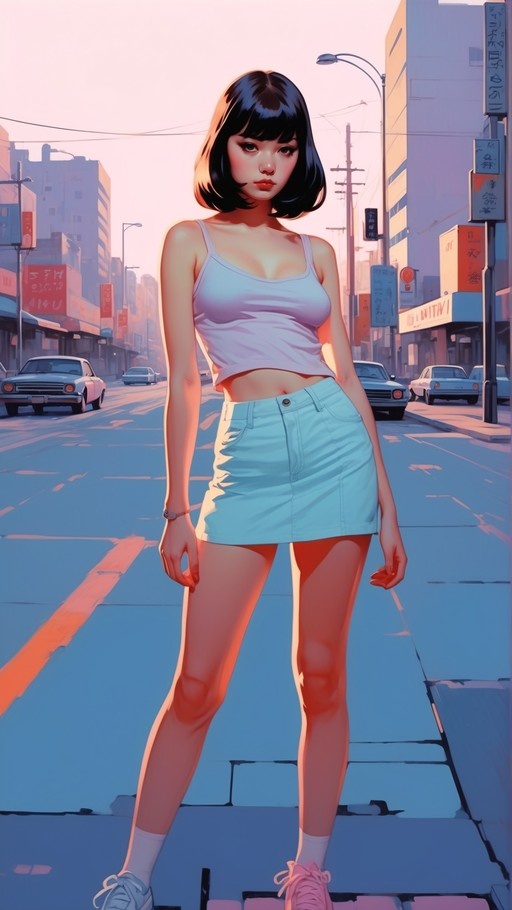 A young woman with short black hair stands on a city street at sunset, wearing a white crop top and blue denim skirt.