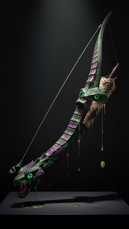 A green and purple snake-shaped bow with two heads dripping green liquid against a black background.
