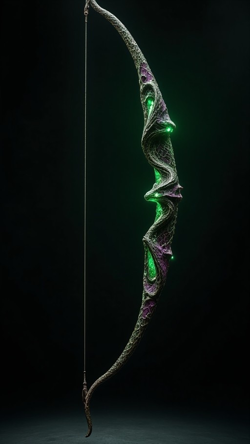 A twisted organic longbow with purple inlays and glowing green lights hanging vertically against a black background.