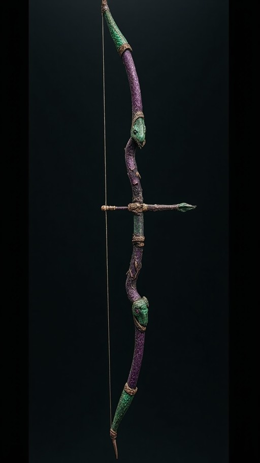 A fantasy longbow with a purple shaft and two green snake heads coiled around it, holding an arrow horizontally against a black background.