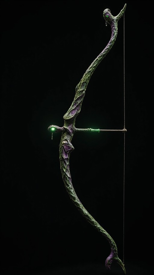 A twisted organic bow with purple and green textures and glowing green eyes against a black background.