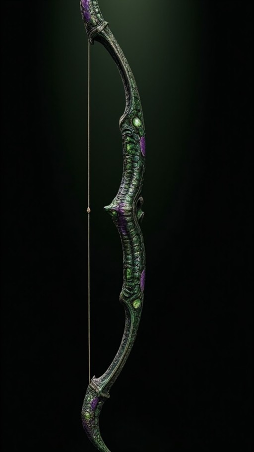 A vertical fantasy longbow with a textured green surface and purple accents against a black background.