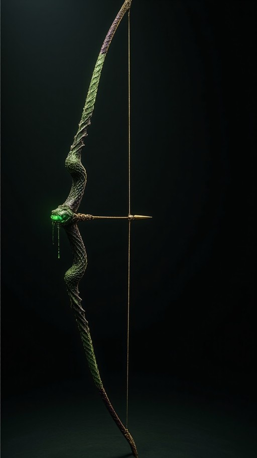 A twisted wooden bow with a glowing green eye and dripping slime holds an arrow against a black background.