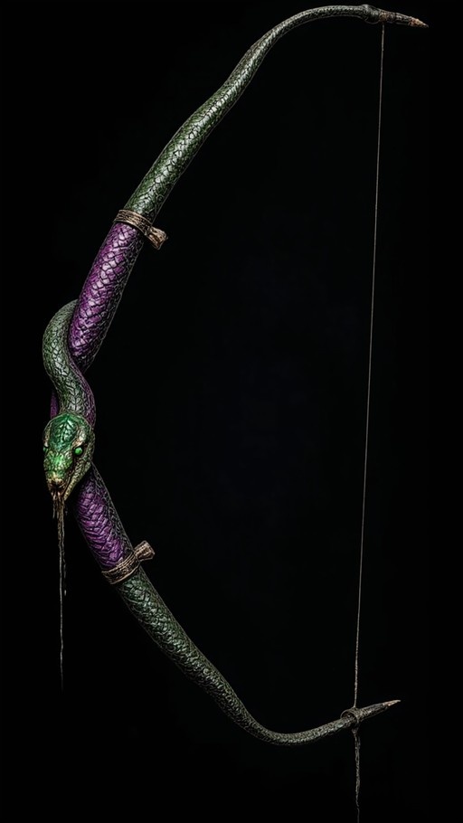 A green snake with purple scales coiled around a longbow against a black background.